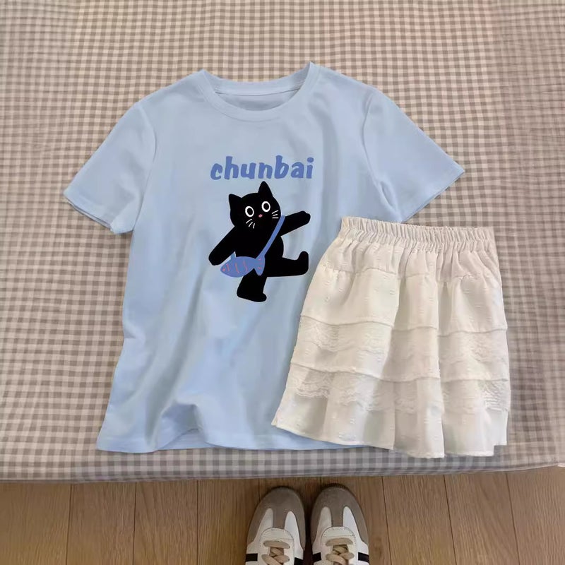 Light Blue Cat Print Short-Sleeved Women'S 2025 Summer Unique Niche Age-Reducing Top Pure Cotton Right Shoulder Slimming Look T-Shirt - Image 2