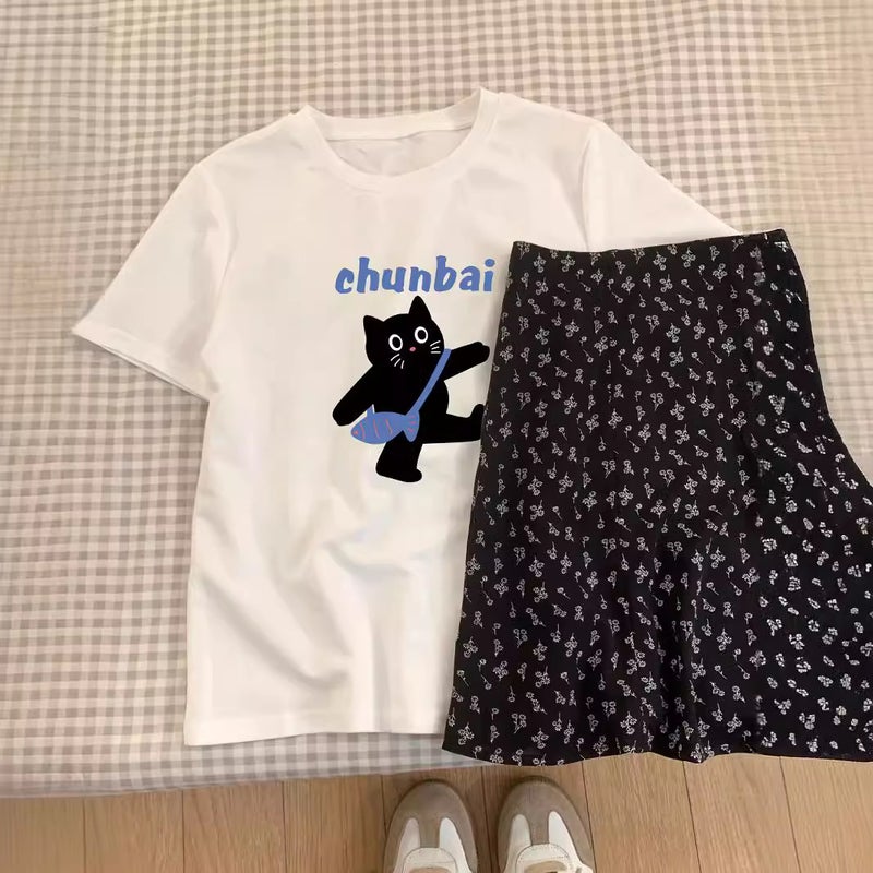 Light Blue Cat Print Short-Sleeved Women'S 2025 Summer Unique Niche Age-Reducing Top Pure Cotton Right Shoulder Slimming Look T-Shirt - Image 5