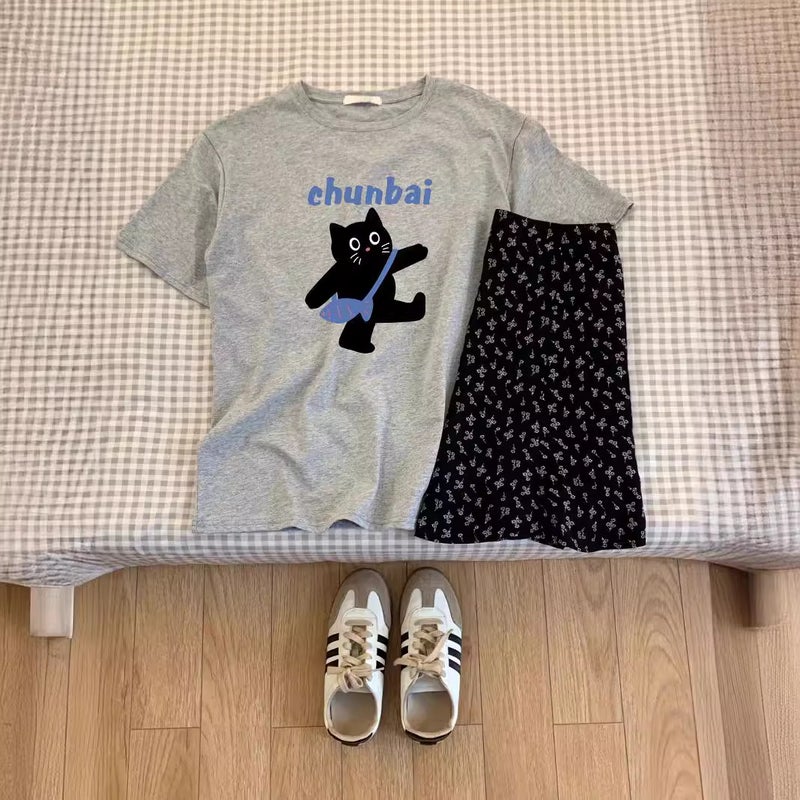 Light Blue Cat Print Short-Sleeved Women'S 2025 Summer Unique Niche Age-Reducing Top Pure Cotton Right Shoulder Slimming Look T-Shirt - Image 3