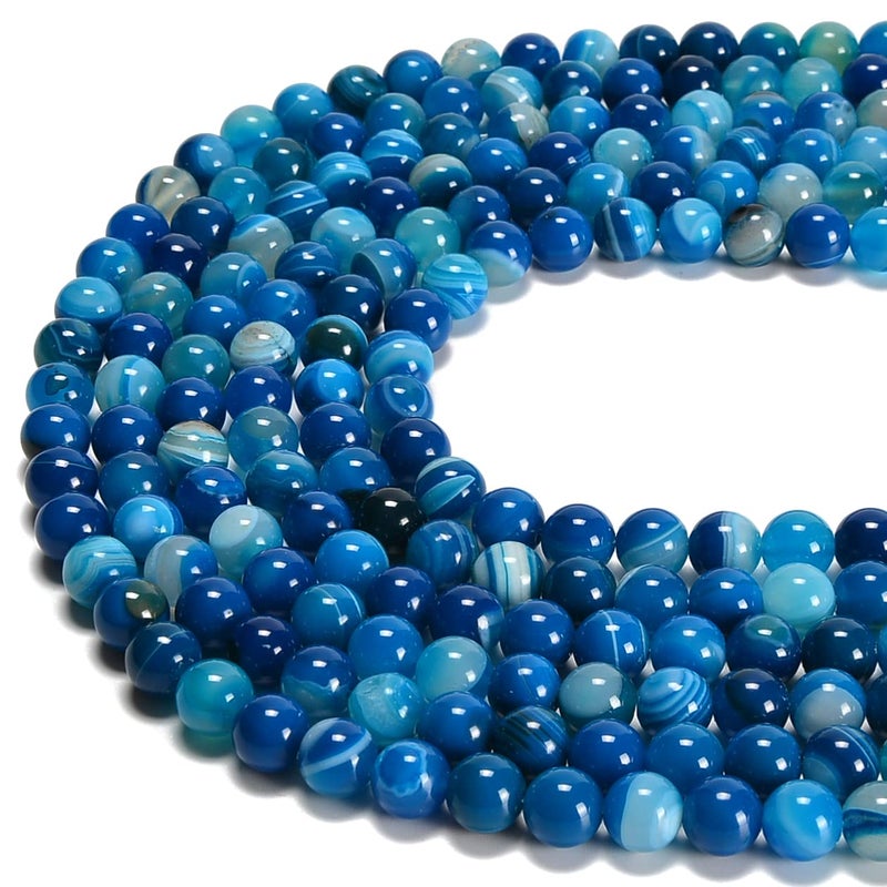 jodaying 10mm Blue Stripe Agate Smooth Round Natural Gematone Loose Beads for Jewelry Making DIY Findings 1 Strand 15