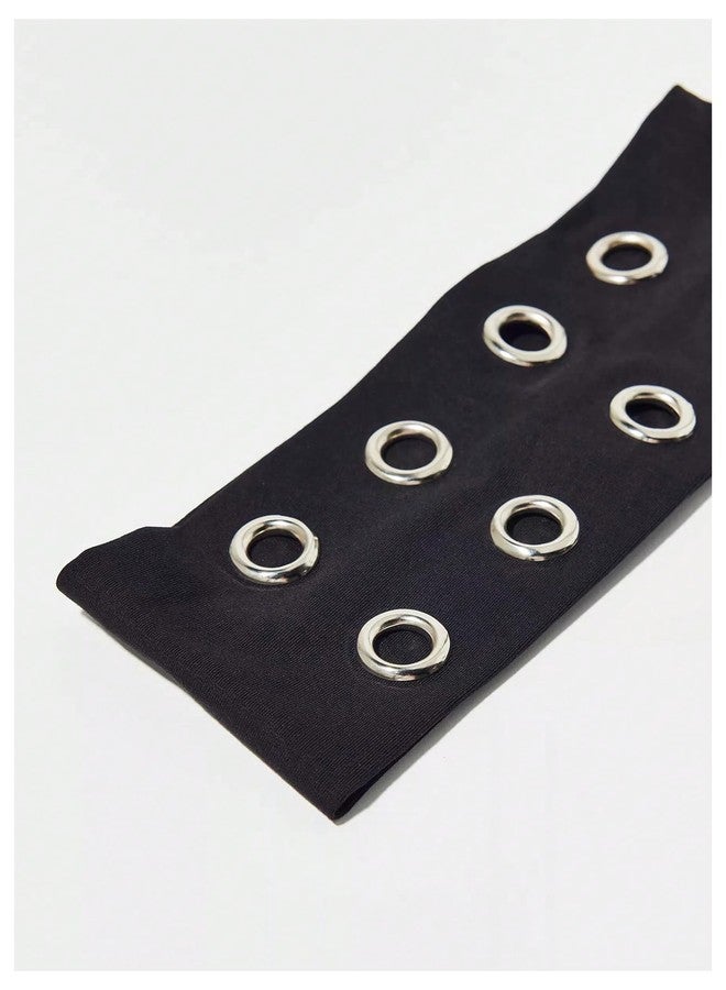 MakeMeChic Women's Hollow Out Eyelets Elastic Headband Wide Headbands Y2k Punk Hair Band Black One-Size - Image 2