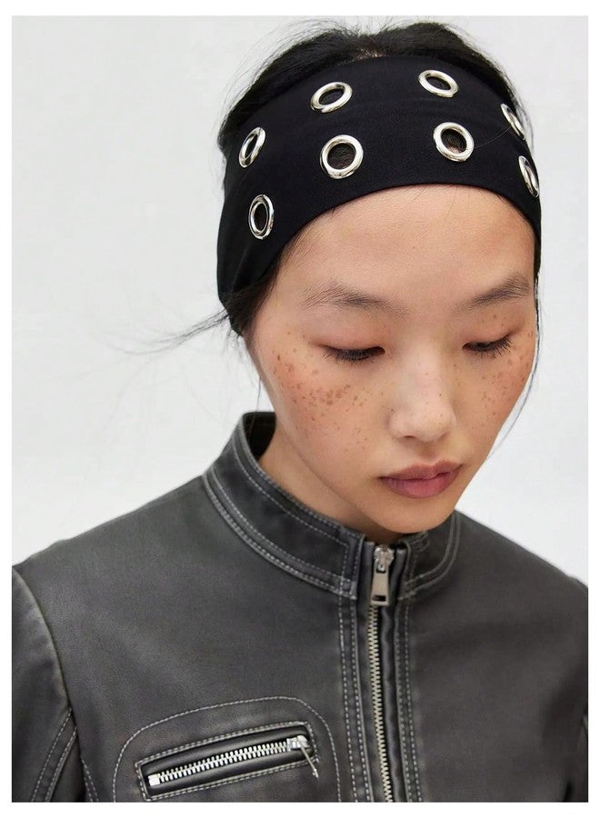 MakeMeChic Women's Hollow Out Eyelets Elastic Headband Wide Headbands Y2k Punk Hair Band Black One-Size - Image 4