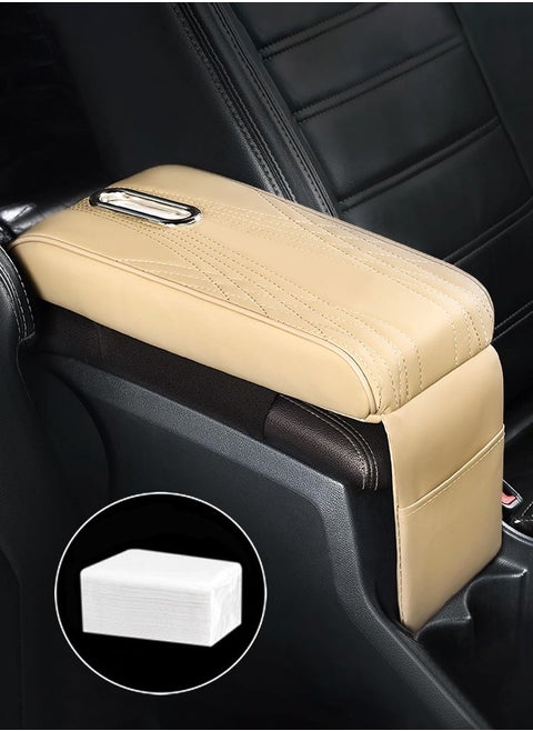 Car Center Console Cover, Leather Memory Cotton Vehicle Armrest Support Pad, Waterproof Comfortable Vehicle Arm Rest Pad with Tissue Box and Storage Bag