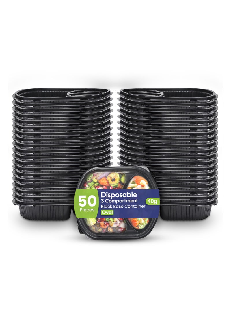 إس إن إتش باكينج SNH تعبئة 50 عبوة من حاويات تحضير الوجبات البيضاوية بقاعدة سوداء مع أغطية – 3 مقصورات، آمنة للاستخدام في الميكروويف، الفريزر، وغسالة الصحون، ومقاومة للتسرب، مثالية لتخزين الطعام. - Image 1