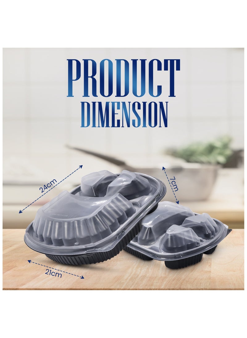 إس إن إتش باكينج SNH تعبئة 50 عبوة من حاويات تحضير الوجبات البيضاوية بقاعدة سوداء مع أغطية – 3 مقصورات، آمنة للاستخدام في الميكروويف، الفريزر، وغسالة الصحون، ومقاومة للتسرب، مثالية لتخزين الطعام. - Image 2