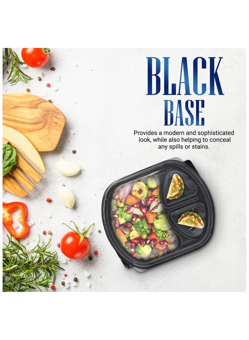 إس إن إتش باكينج SNH تعبئة 50 عبوة من حاويات تحضير الوجبات البيضاوية بقاعدة سوداء مع أغطية – 3 مقصورات، آمنة للاستخدام في الميكروويف، الفريزر، وغسالة الصحون، ومقاومة للتسرب، مثالية لتخزين الطعام. - Image 3