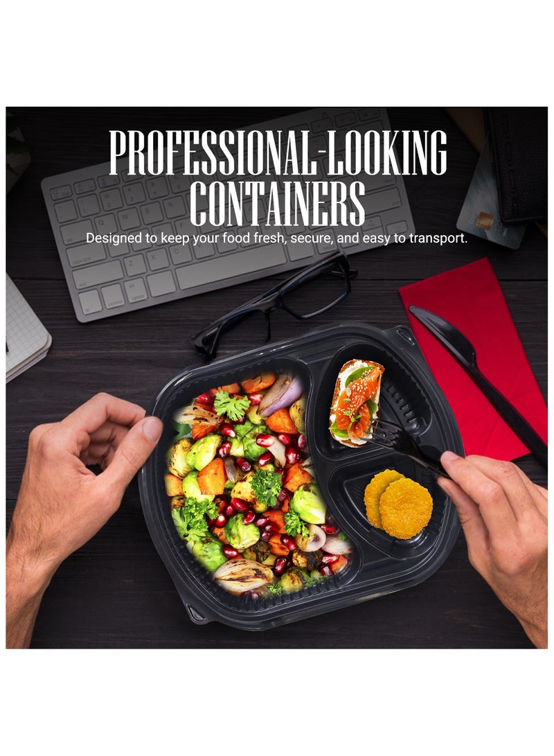 إس إن إتش باكينج SNH تعبئة 50 عبوة من حاويات تحضير الوجبات البيضاوية بقاعدة سوداء مع أغطية – 3 مقصورات، آمنة للاستخدام في الميكروويف، الفريزر، وغسالة الصحون، ومقاومة للتسرب، مثالية لتخزين الطعام. - Image 5