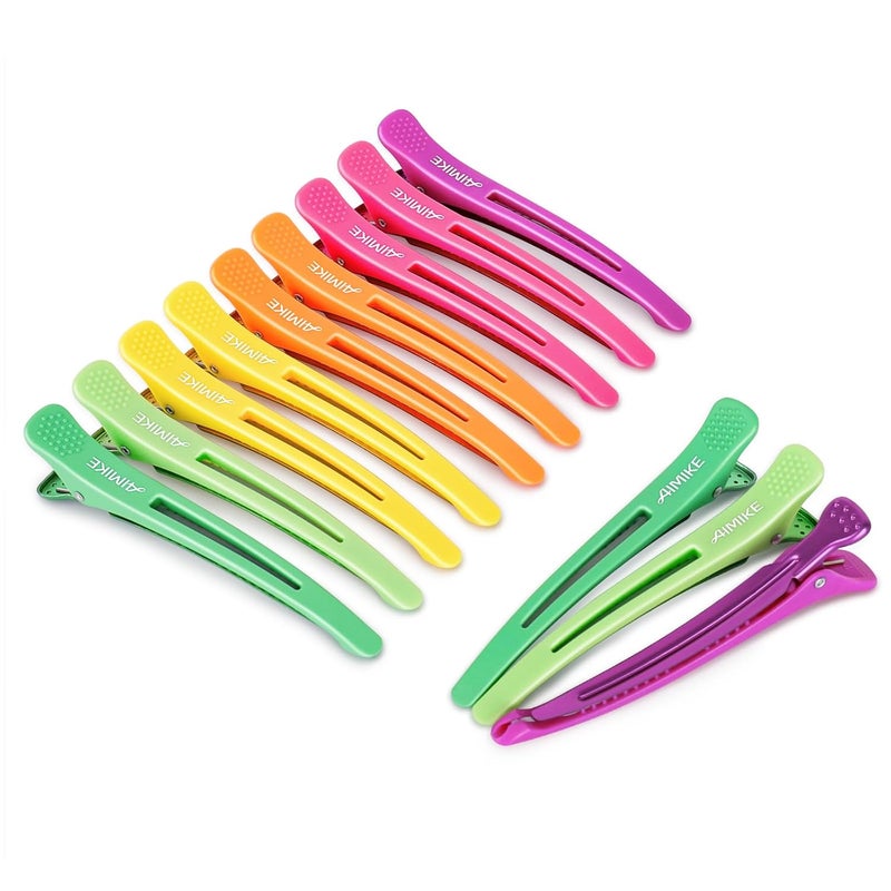 AIMIKE Neon Hair Clips 12 Pcs Professional Sectioning and Cutting Clips for Hairdressers  43 Long Duck Billed Rollers for Styling