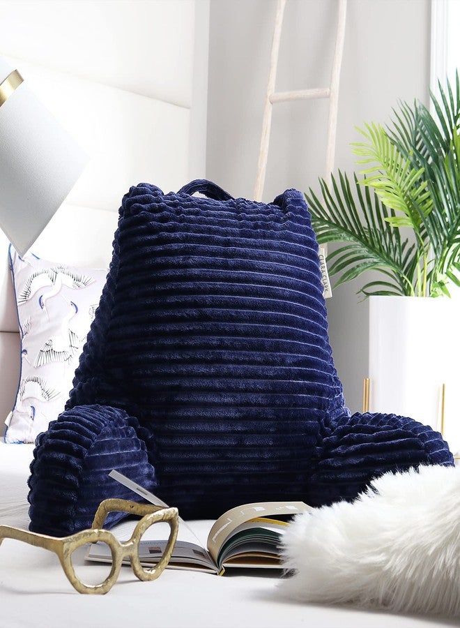 Clara Clark Cut Plush Striped Reading Pillow for Kids & Teens, Medium Back Pillow, Back Support Pillow, Shredded Memory Foam Bed Rest Pillow with Arms, Navy Blue - Image 5