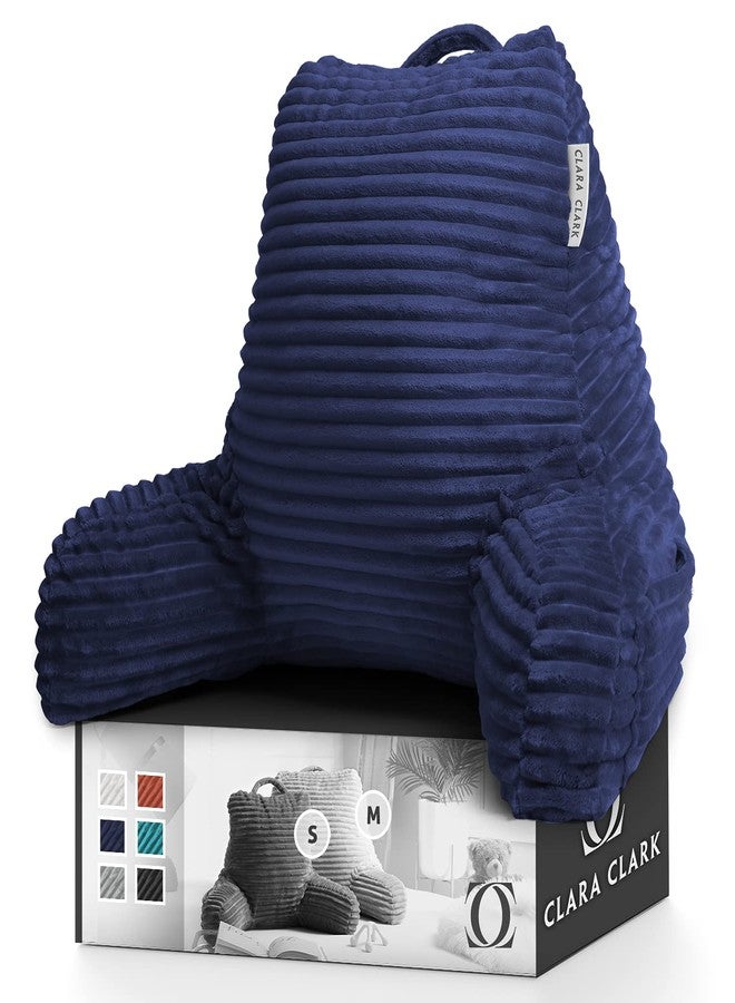Clara Clark Cut Plush Striped Reading Pillow for Kids & Teens, Medium Back Pillow, Back Support Pillow, Shredded Memory Foam Bed Rest Pillow with Arms, Navy Blue - Image 1