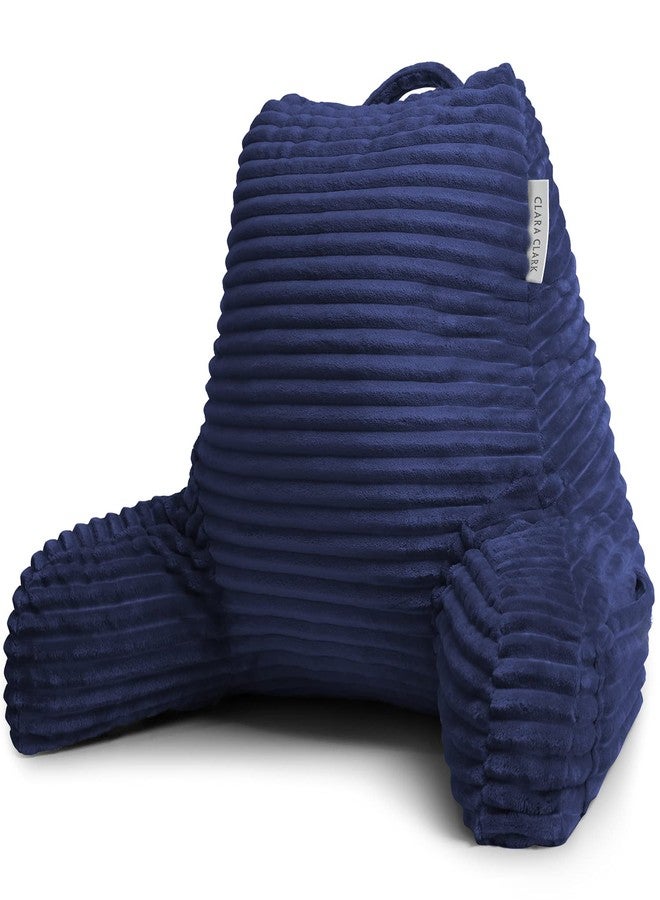 Clara Clark Cut Plush Striped Reading Pillow for Kids & Teens, Medium Back Pillow, Back Support Pillow, Shredded Memory Foam Bed Rest Pillow with Arms, Navy Blue - Image 2