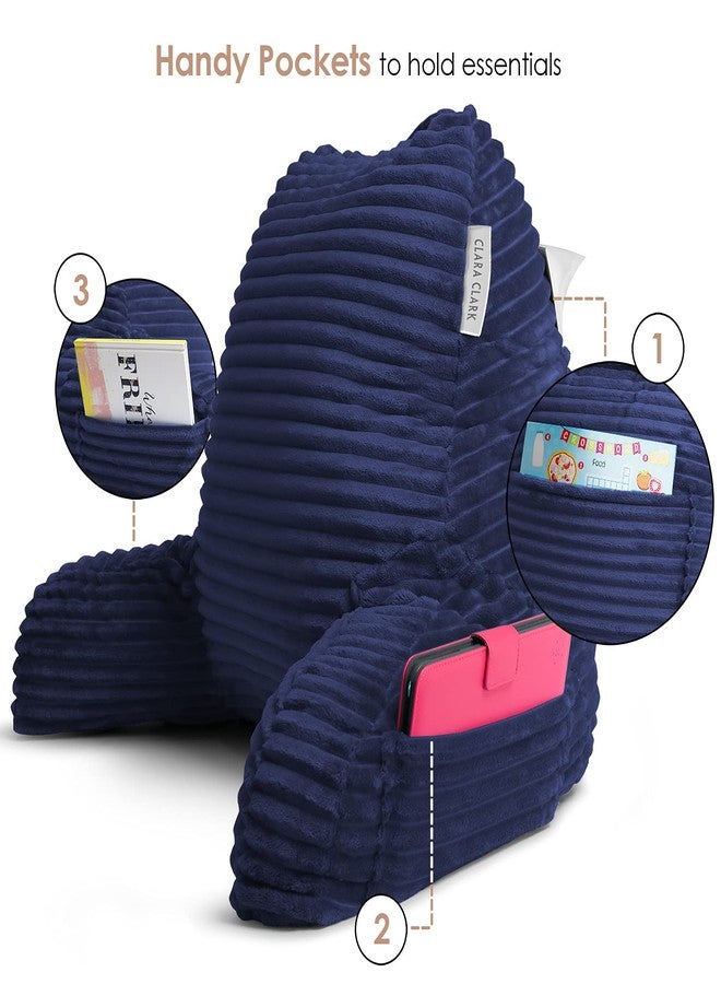 Clara Clark Cut Plush Striped Reading Pillow for Kids & Teens, Medium Back Pillow, Back Support Pillow, Shredded Memory Foam Bed Rest Pillow with Arms, Navy Blue - Image 3