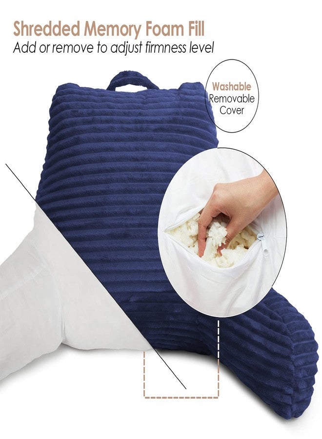 Clara Clark Cut Plush Striped Reading Pillow for Kids & Teens, Medium Back Pillow, Back Support Pillow, Shredded Memory Foam Bed Rest Pillow with Arms, Navy Blue - Image 4