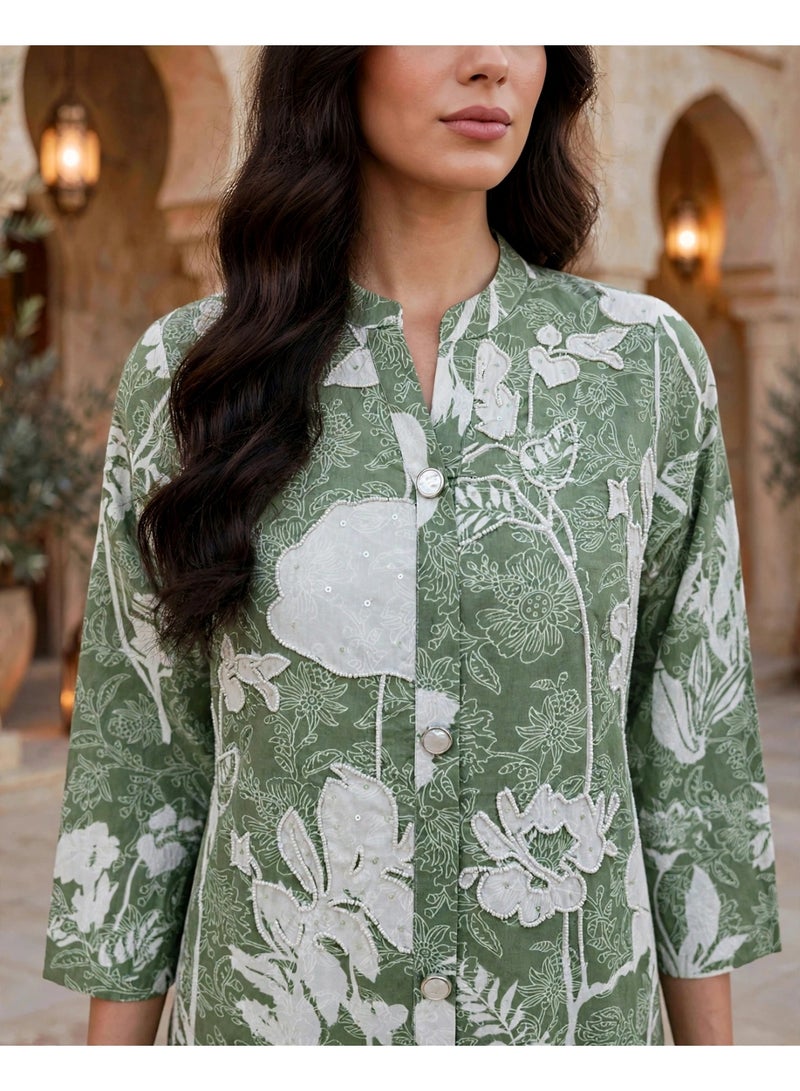 IKKXA Contrast Floral Print Jalabiya IKTT06Green - Image 2