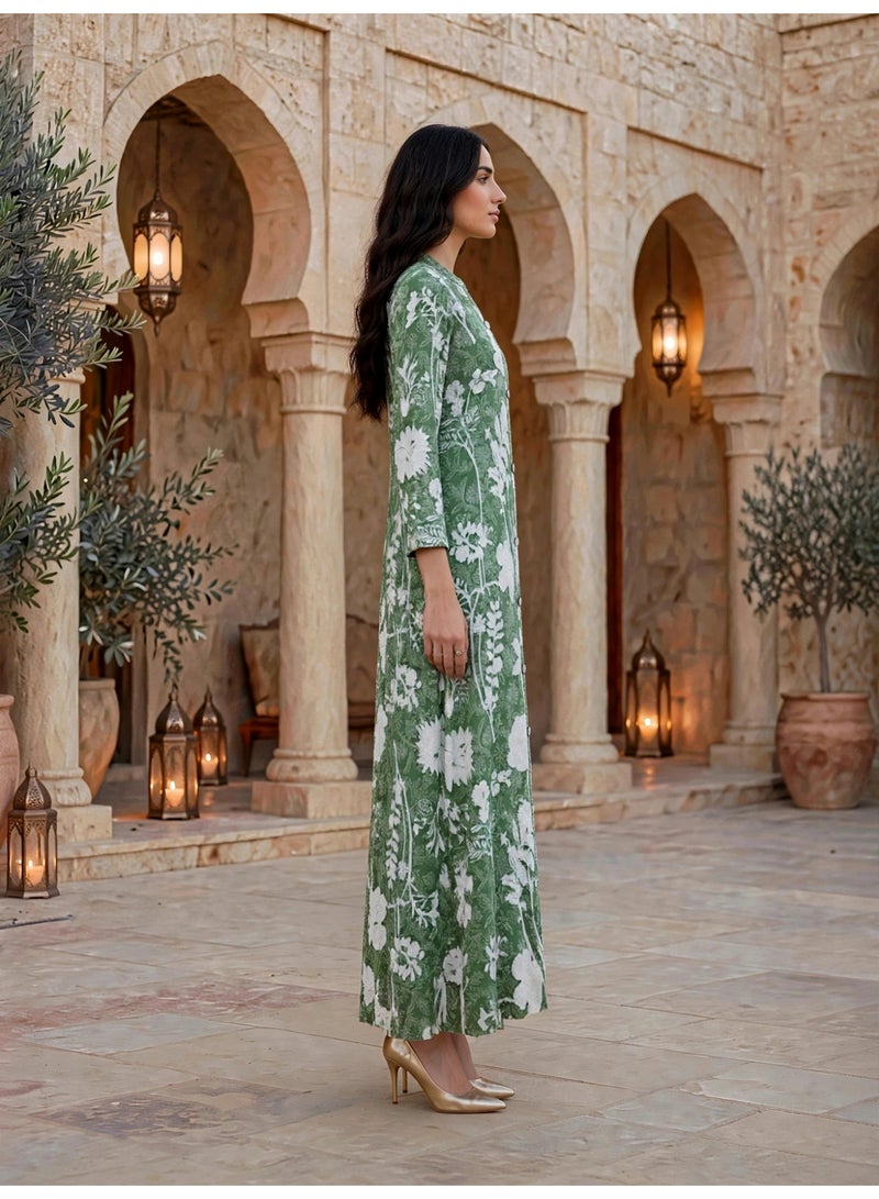 IKKXA Contrast Floral Print Jalabiya IKTT06Green - Image 3