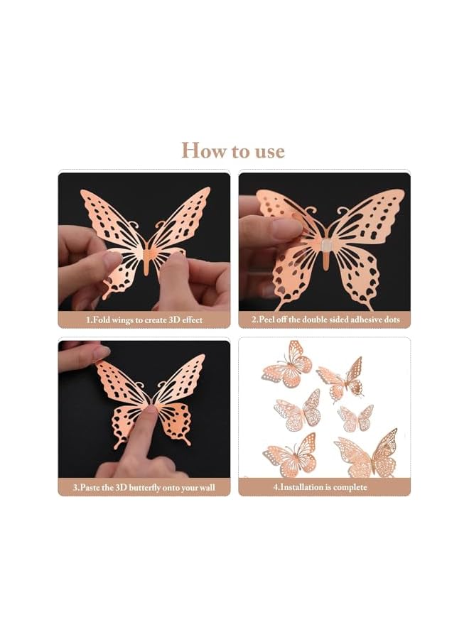 S-TOP 48-Piece 3D Butterfly Wall Stickers, Removable Wall Decals, Metallic Wall Decor, Set in 4 Styles and 3 Sizes for Kids Bedroom, Nursery, Classroom, and Party Wall Decoration, Rose Gold Mural Art - Image 4