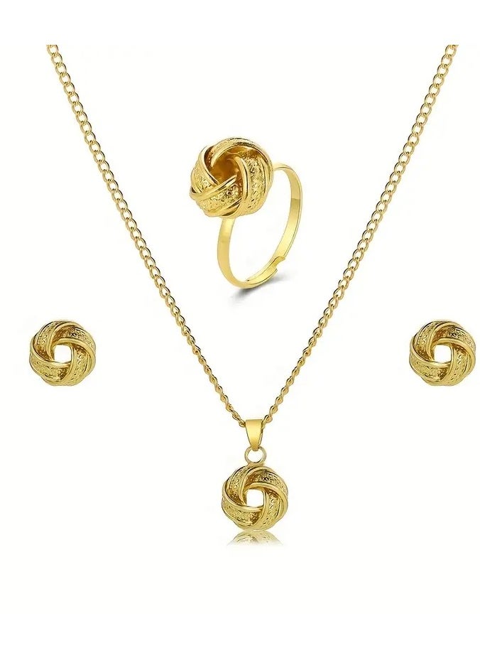 Goolsky 4pcs Ear Studs + Necklace + Ring Boho Style Jewelry Set Braided Spherical Pendant 14k Plated Match Daily Outfits Gift For Your Crush  - Image 4