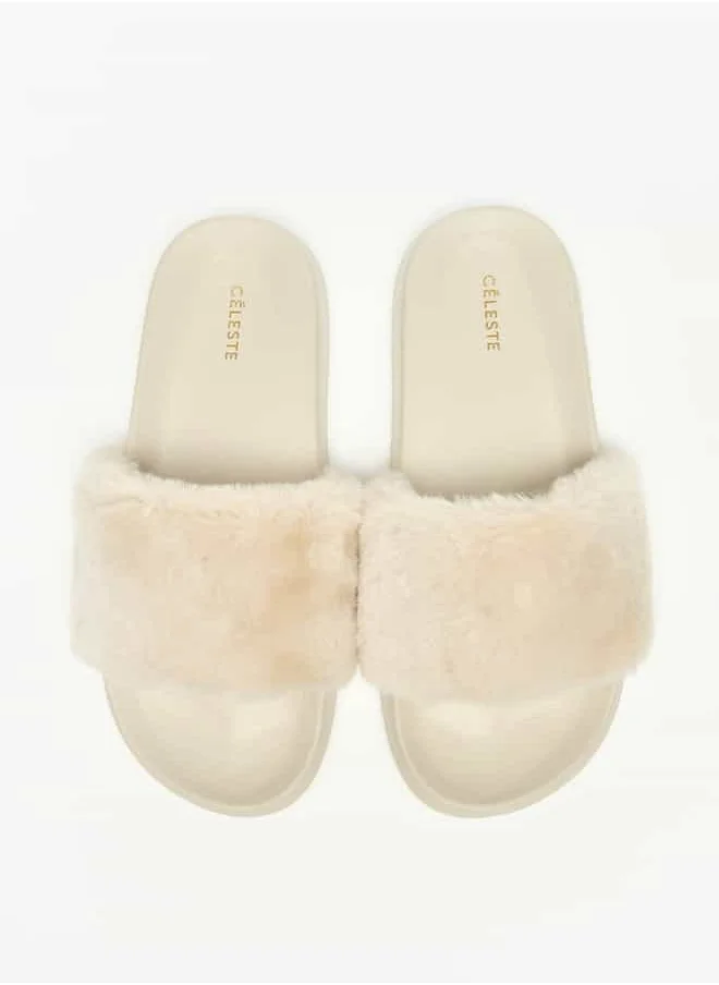 سيليست Women's Faux Fur Textured Slip-On Slides