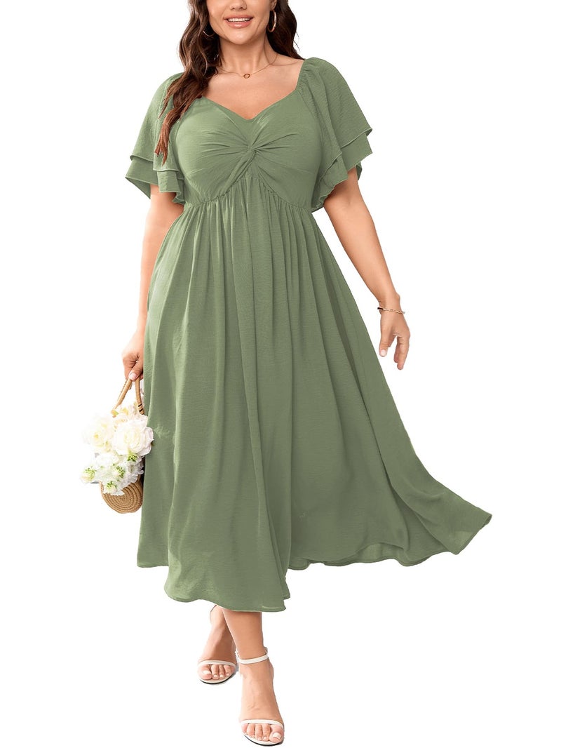SCOMCHIC Women's Plus Size Wedding Guest Cocktail Dresses Sweetheart Neckline Ruffle Sleeve A Line Maxi Dress Sage Green - Image 1