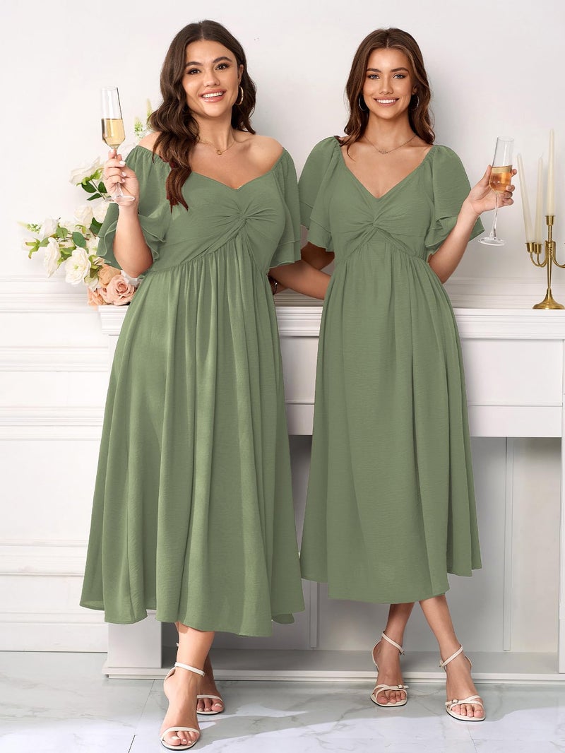 SCOMCHIC Women's Plus Size Wedding Guest Cocktail Dresses Sweetheart Neckline Ruffle Sleeve A Line Maxi Dress Sage Green - Image 2
