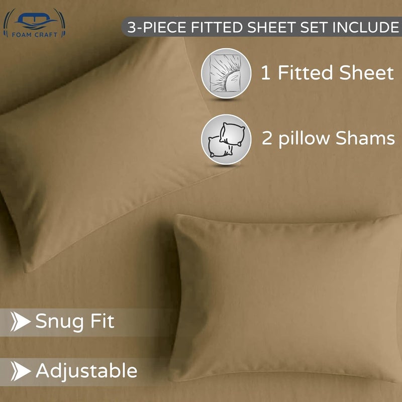 FOAM CRAFT 3 Piece Fitted Sheet Set - Queen Size Fitted Bed Sheet & 2 Pillow Shams, 100% Cotton, 300TC, Beige - Image 5