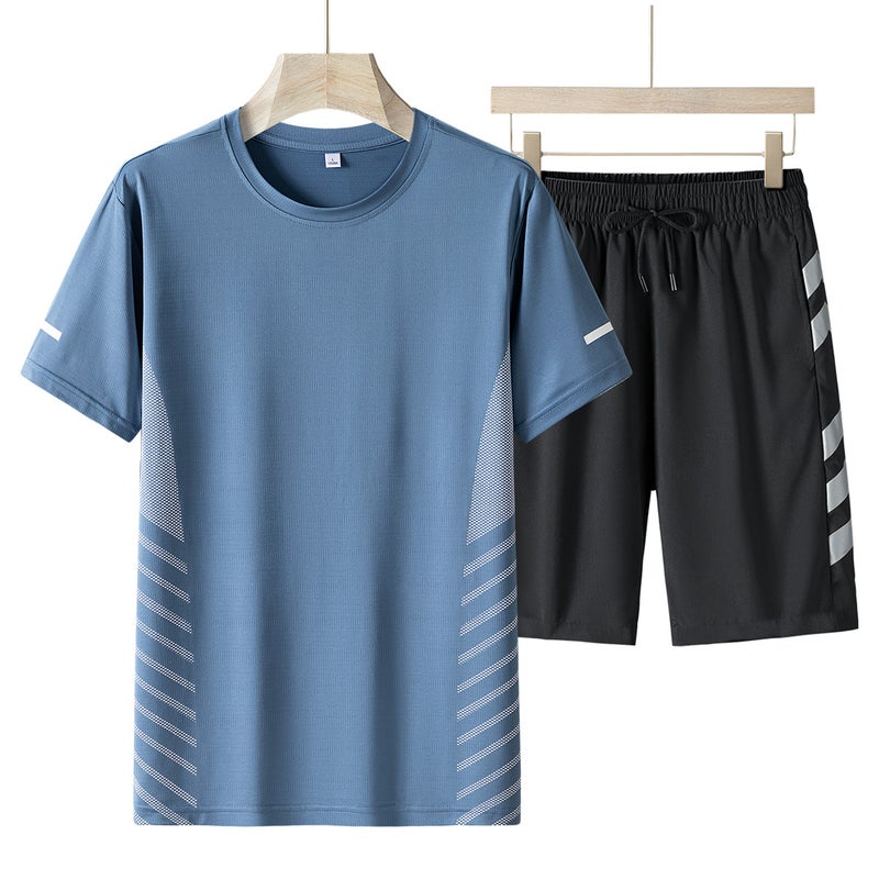 Summer New Casual Pants Sports Ice Silk Suit Mens Crewneck T-shirt Shorts Short-sleeved Lightweight Quick-drying Shorts Mens Cover Blue 