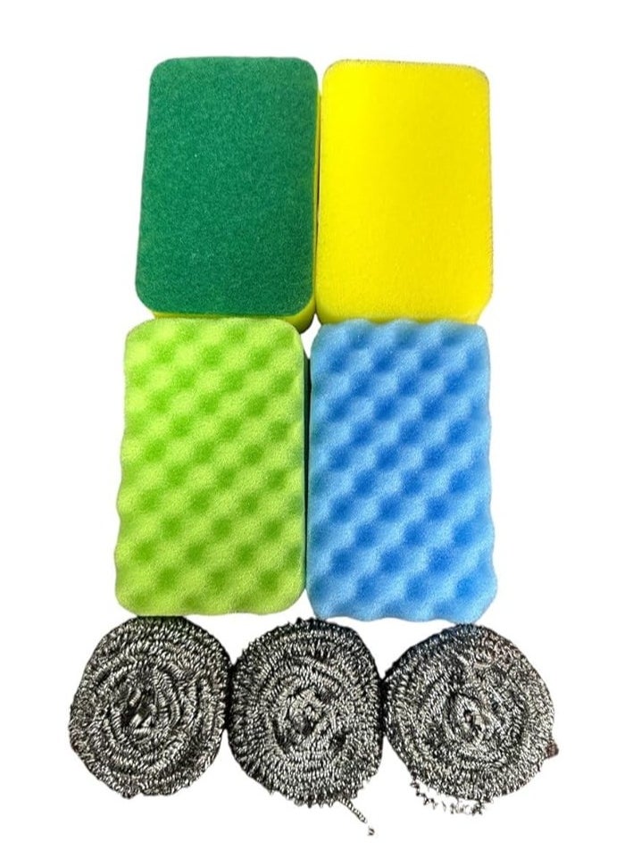Spaceshoop - Set of 7 Pieces 3 Pieces Ball Stainless Steel Wool, 2 Pieces Cleaning Sponge Scrubber Cleaning And 2 Pieces Rough Kitchen Tool For Pot Pan Dish, Multicolor - Image 1