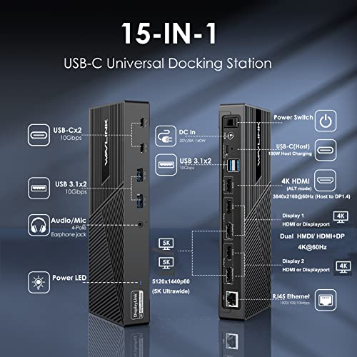 WAVLINK DisplayLink Docking Station Triple Monitor 4K@60Hz for 3 Monitors, 100W Charging for Thunderbolt 4/3, USB C M1 M2 M3 M4 Mac/Windows/Chrome - 3 HDMI, 2 DP, 6 USB Ports, 160W Power, LAN, Audio - Image 2