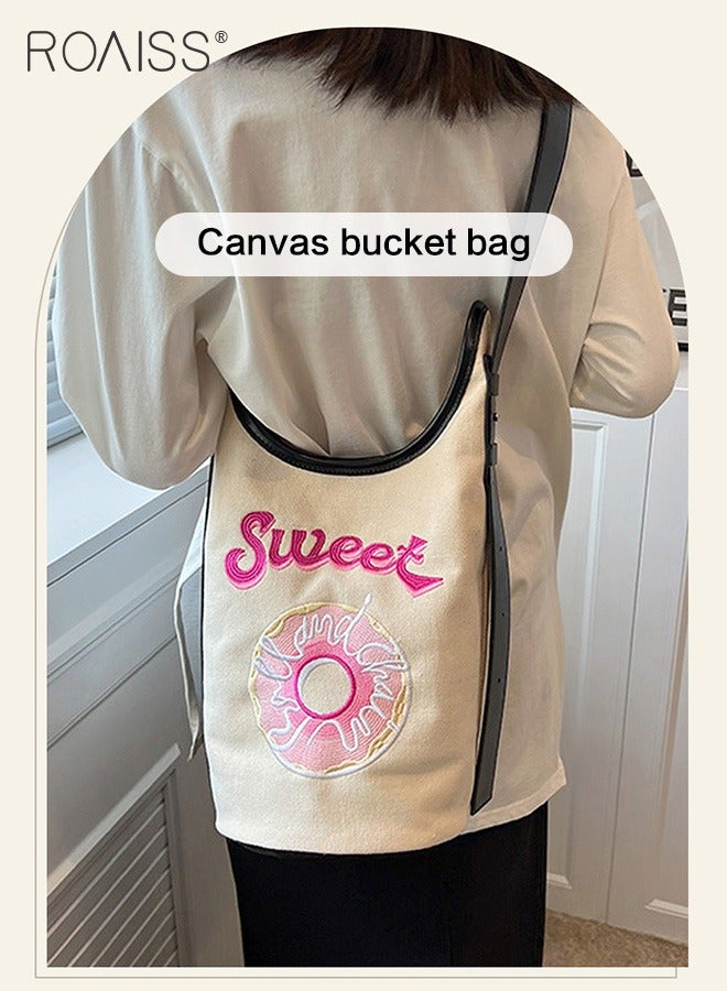 roaiss Sweet Embroidered Bucket Bag Women'S Daily Commuting Pu Leather Canvas Splicing Shoulder Bag Cute Donut Embroidered Handbag  - Image 1