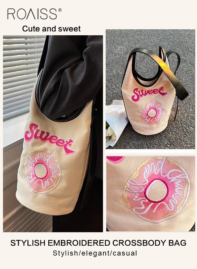roaiss Sweet Embroidered Bucket Bag Women'S Daily Commuting Pu Leather Canvas Splicing Shoulder Bag Cute Donut Embroidered Handbag  - Image 2