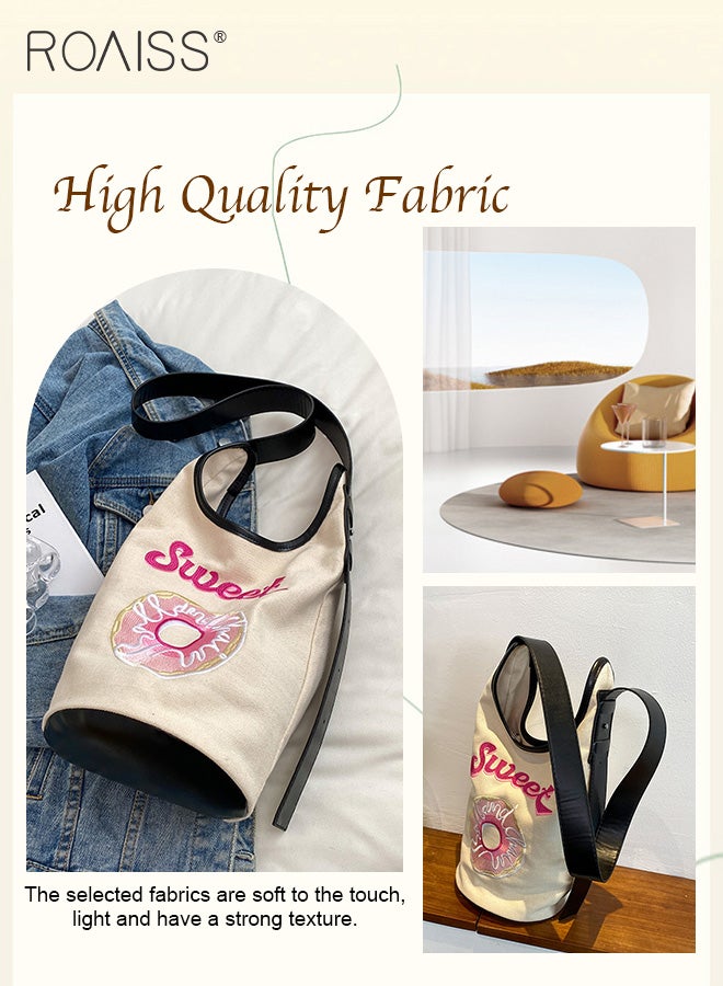 roaiss Sweet Embroidered Bucket Bag Women'S Daily Commuting Pu Leather Canvas Splicing Shoulder Bag Cute Donut Embroidered Handbag  - Image 4