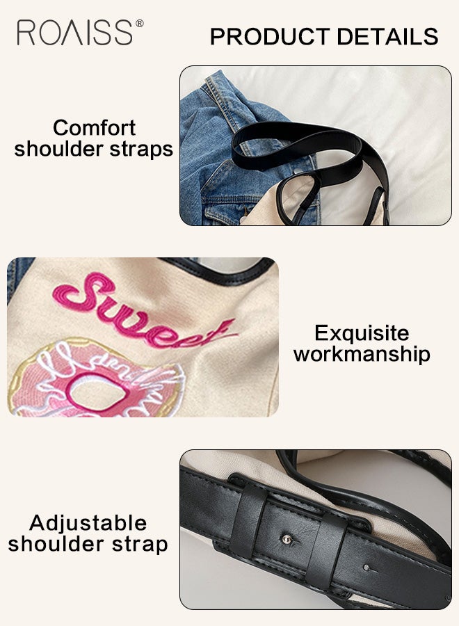 roaiss Sweet Embroidered Bucket Bag Women'S Daily Commuting Pu Leather Canvas Splicing Shoulder Bag Cute Donut Embroidered Handbag  - Image 5