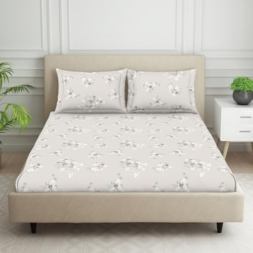 Welspun 120 TC Cotton Blend Bedsheet for Double Bed with 2 Pillow Cover | Skin Safe & Super Soft Queen Size Bed Sheet | (88 X 100 Inch) - Floral Grey | Harmony - Image 1
