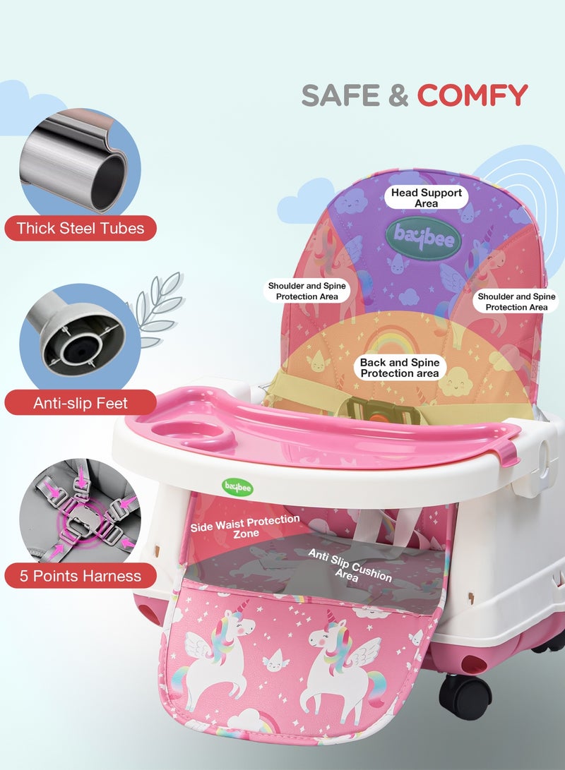 BAYBEE 4 In 1 Nuvella Convertible Baby High Chair For Kids With Adjustable Height And Footrest Baby Chair Toddler Feeding Chair Booster Seat With Food Tray, Wheels &  Safety Belt Kids High Chair For Baby Toddlers 6 Months To 4 Years Pink - Image 5