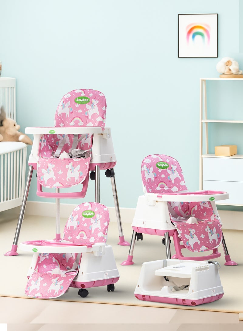 BAYBEE 4 In 1 Nuvella Convertible Baby High Chair For Kids With Adjustable Height And Footrest Baby Chair Toddler Feeding Chair Booster Seat With Food Tray, Wheels &  Safety Belt Kids High Chair For Baby Toddlers 6 Months To 4 Years Pink - Image 1