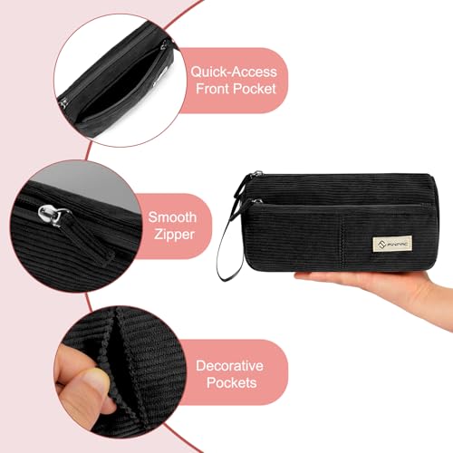 FINPAC Pencil Case Corduroy Triangle Makeup Bag Kawaii Pen Bag Pouch Holder Box Organize for Study Office or Travel Black - Image 3