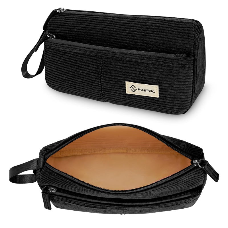 FINPAC Pencil Case Corduroy Triangle Makeup Bag Kawaii Pen Bag Pouch Holder Box Organize for Study Office or Travel Black - Image 2