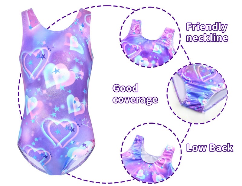 Nokecina Girls Gymnastics Leotard Size 6-7 Years Old Shiny Purple Heart Sleeveless Bodysuits Practice Outfits - Image 3