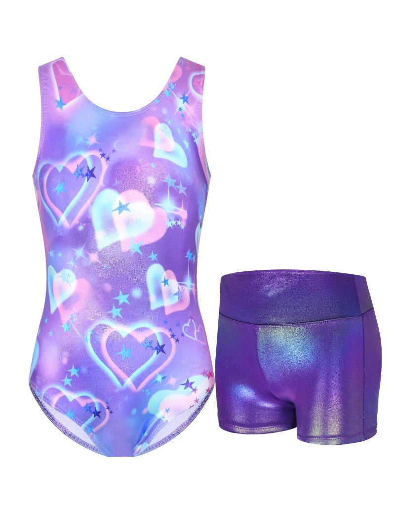 Nokecina Girls Gymnastics Leotard Size 6-7 Years Old Shiny Purple Heart Sleeveless Bodysuits Practice Outfits - Image 1