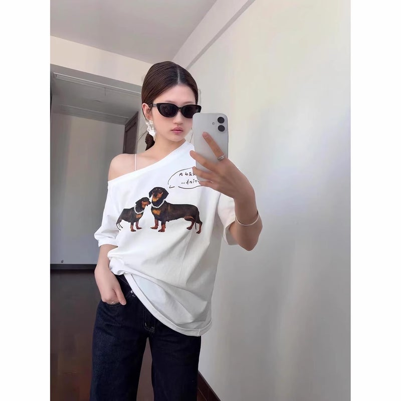 American-Style Pure Desire Puppy Print Off-Shoulder Short-Sleeve T-Shirt, Loose One-Shoulder Off-Shoulder Top - Image 2
