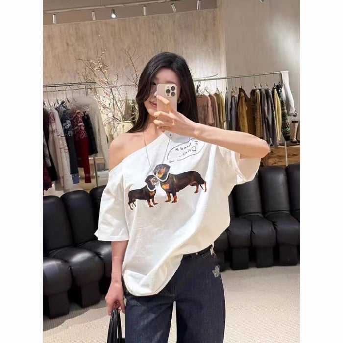 American-Style Pure Desire Puppy Print Off-Shoulder Short-Sleeve T-Shirt, Loose One-Shoulder Off-Shoulder Top - Image 1