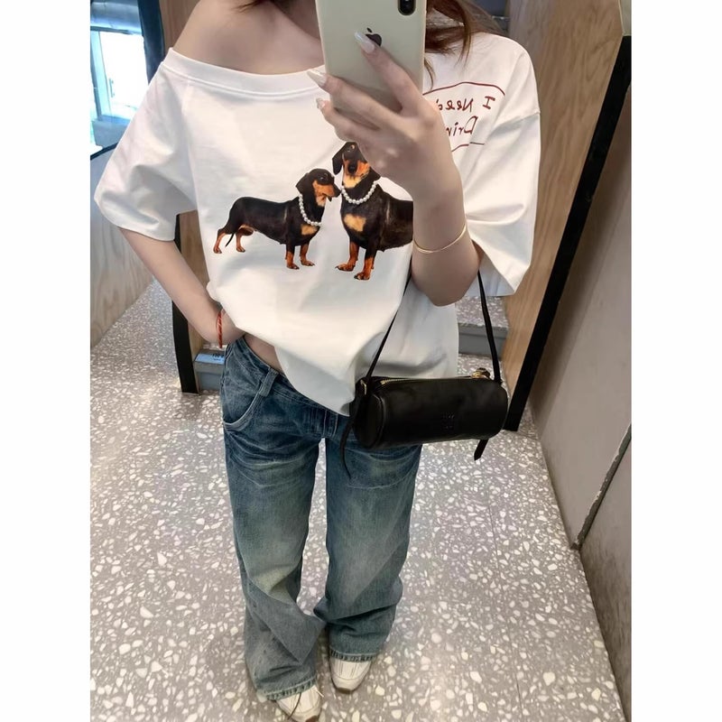 American-Style Pure Desire Puppy Print Off-Shoulder Short-Sleeve T-Shirt, Loose One-Shoulder Off-Shoulder Top - Image 4
