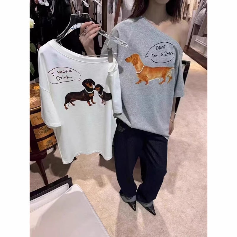 American-Style Pure Desire Puppy Print Off-Shoulder Short-Sleeve T-Shirt, Loose One-Shoulder Off-Shoulder Top - Image 5