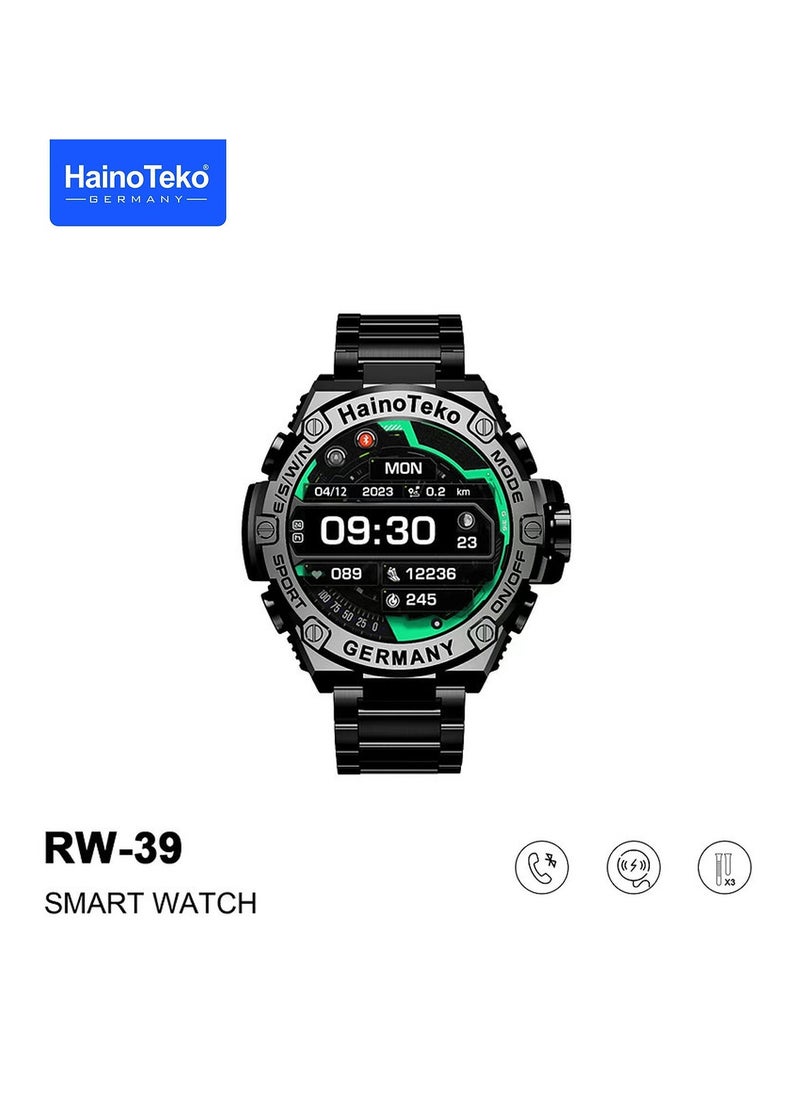 Haino Teko Germany RW39 Round Shape Large Screen AMOLED Display Smart Watch With 3 Pair Straps and Wireless Charger For Men's and Boys Black