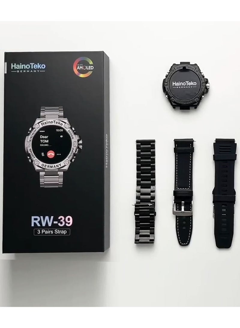 Haino Teko Germany RW39 Round Shape Large Screen AMOLED Display Smart Watch With 3 Pair Straps and Wireless Charger For Men's and Boys Black