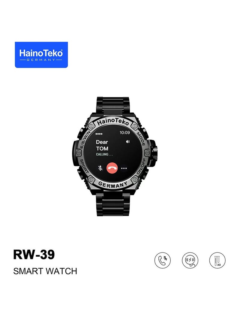Haino Teko Germany RW39 Round Shape Large Screen AMOLED Display Smart Watch With 3 Pair Straps and Wireless Charger For Men's and Boys Black