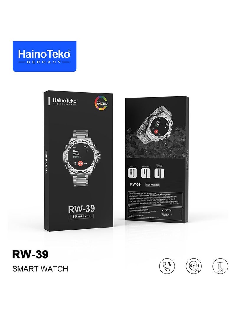 Haino Teko Germany RW39 Round Shape Large Screen AMOLED Display Smart Watch With 3 Pair Straps and Wireless Charger For Men's and Boys Black