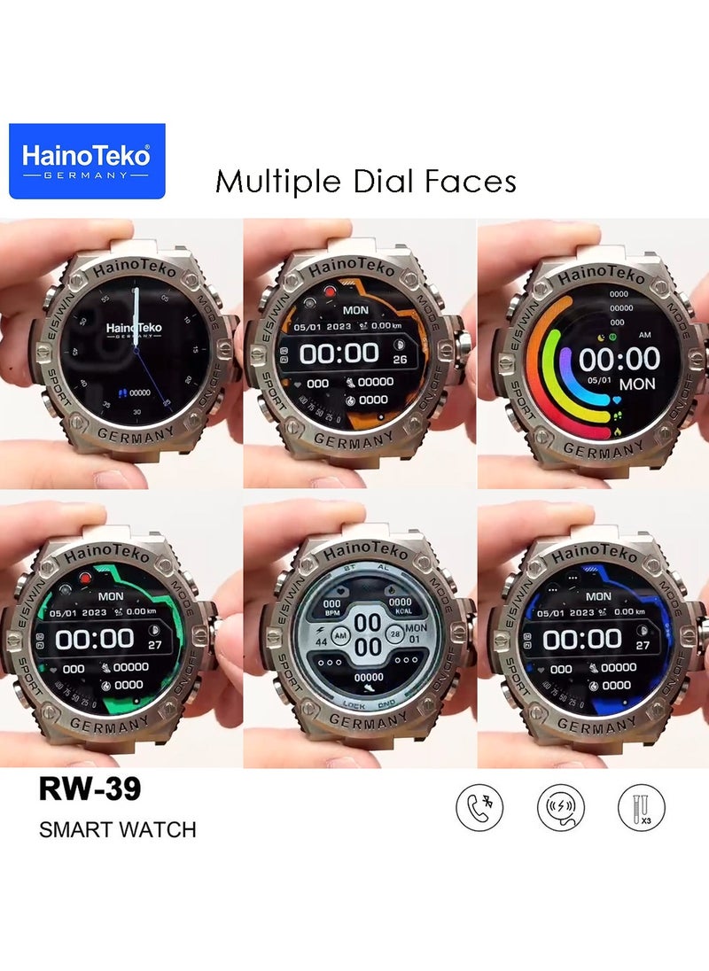 Haino Teko Germany RW39 Round Shape Large Screen AMOLED Display Smart Watch With 3 Pair Straps and Wireless Charger For Men's and Boys Black