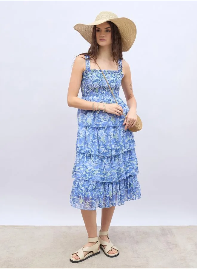 ستايلي Styli Abstract Print Smocked Tiered Midi Dress
