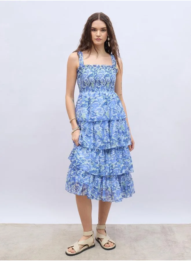 ستايلي Styli Abstract Print Smocked Tiered Midi Dress